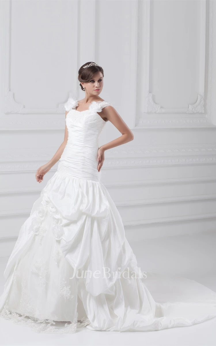 Caped-Sleeve Ruched Pick-Up Gown with Lace and Flower