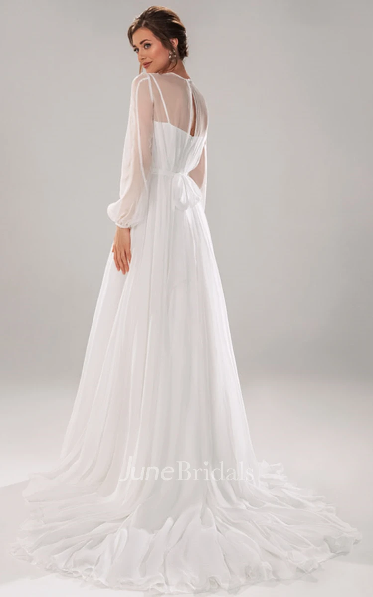 Modest A Line Jewel Chiffon Long Sleeve Wedding Dress with Train