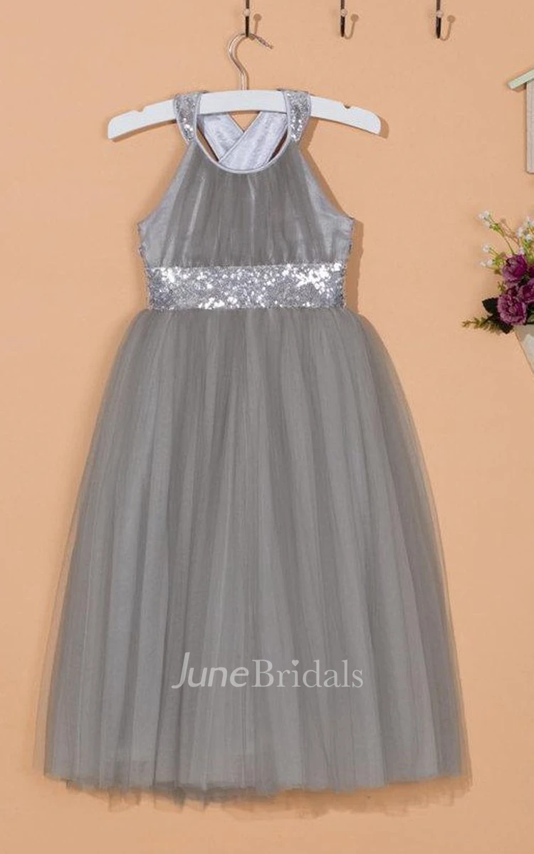 Sleeveless Strapped Back Tulle Dress With Sequins Belt