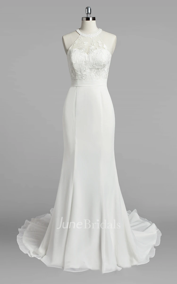 Jewel Neck Mermaid Chiffon Wedding Dress With Lace Bodice