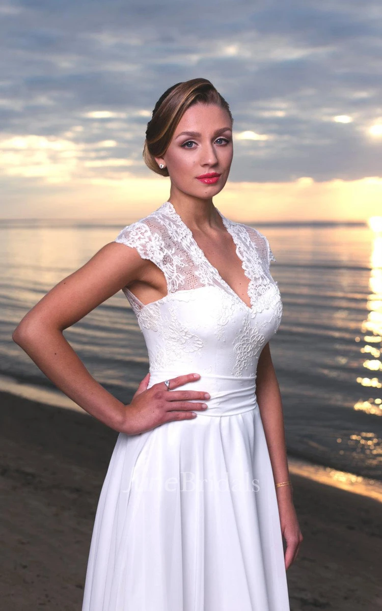 V-Neck Long A-Line Chiffon and Lace Wedding Dress With Cap Sleeves
