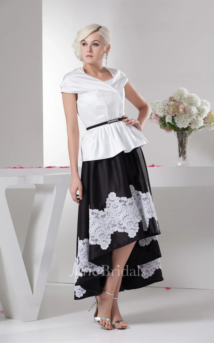 Black-And-White Caped-Sleeve High-Low Dress with Appliques