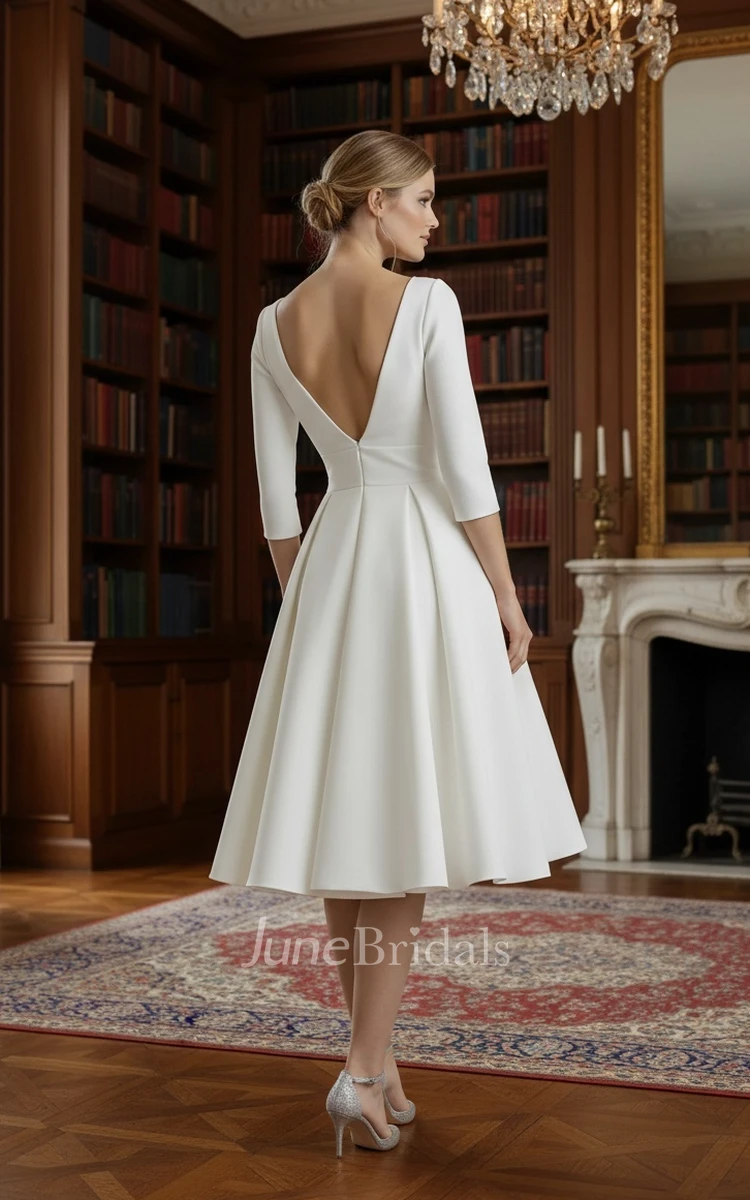 1950s Tea Length Wedding Dress Simple A-Line Long Sleeves V-neck Satin Civil Gown