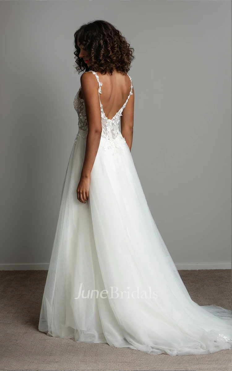 Elegant Romantic A-Line Spaghetti Straps Lace Tulle Appliques Wedding Dress Ethereal Sexy V-Neck Floor-length Backless Court Train Bridal Gown