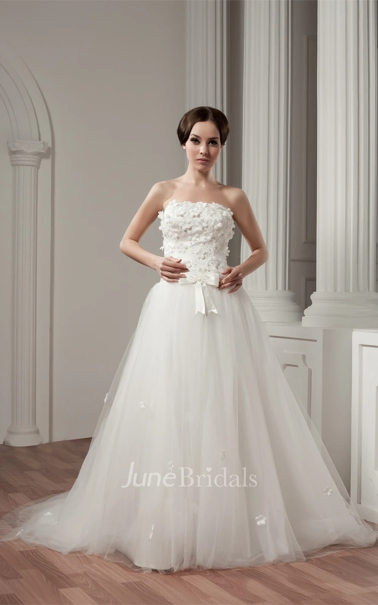 Strapless A-Line Gown with Floral Embellishment and Tulle Overlay