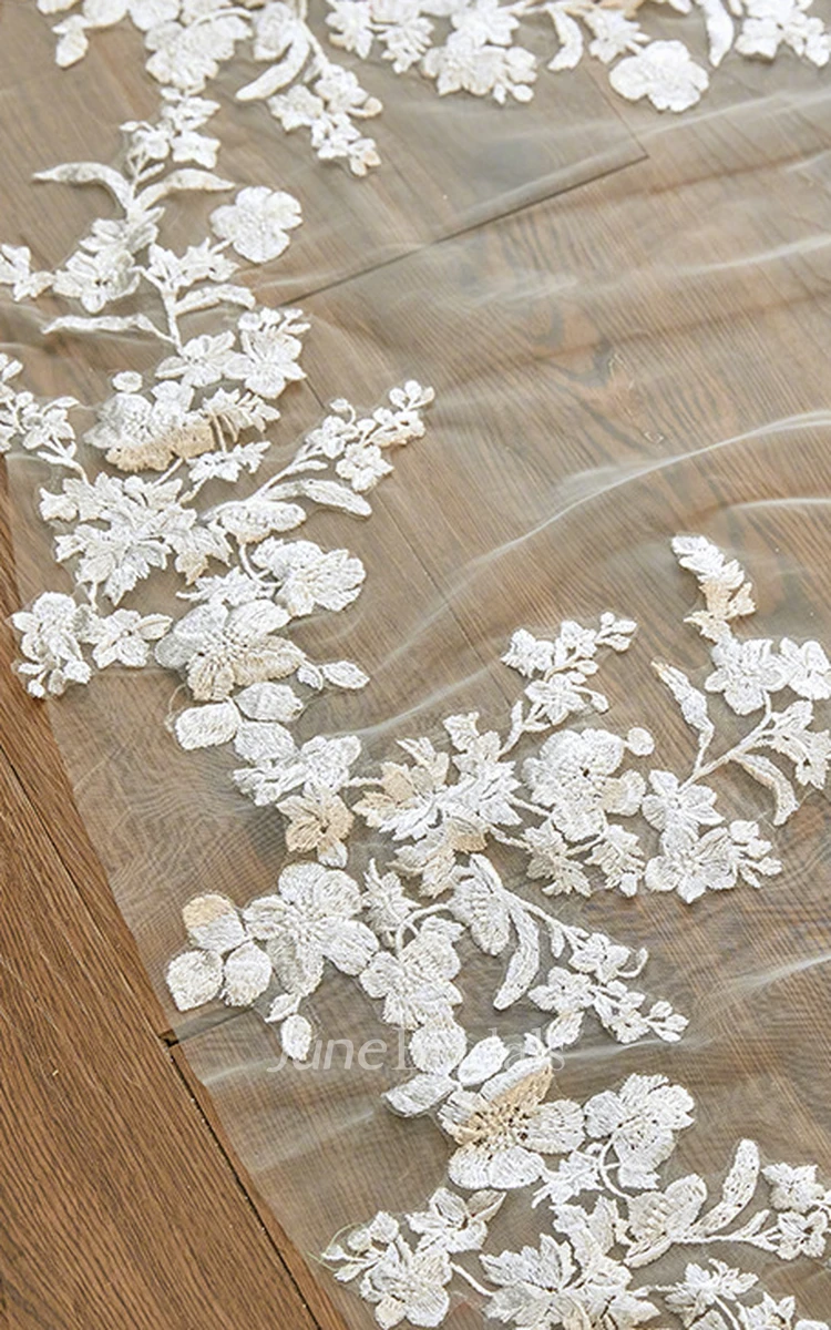 Boho Floral One-Tier Lace Edge Tulle Cathedral Length Wedding Veil