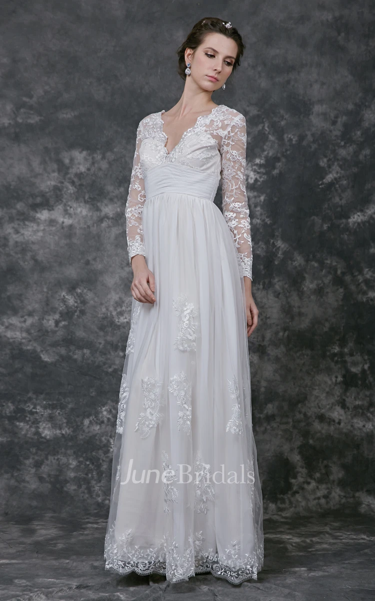 V-neck Ruched Chiffon Dress With Illusion Sleeve