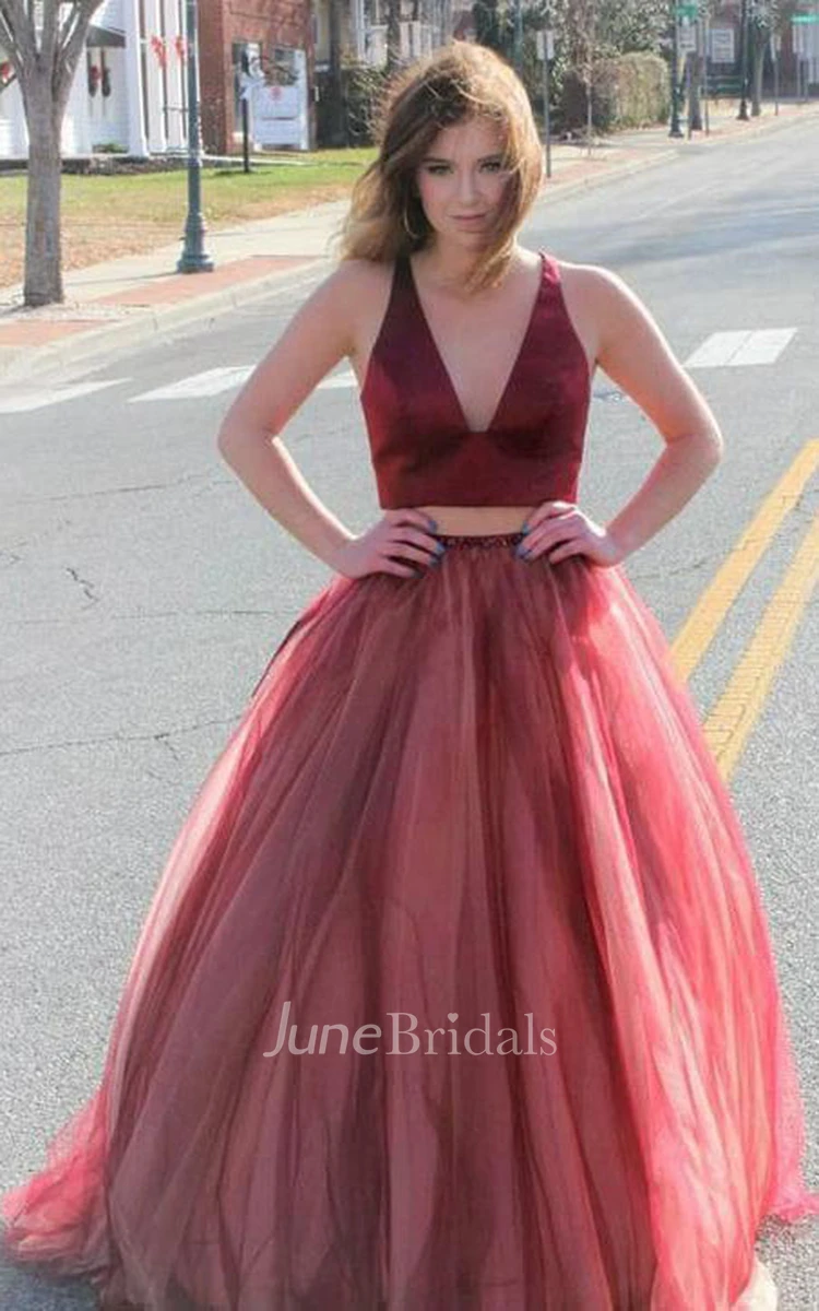 Simple Two Piece Tulle Floor-length Sleeveless Zipper Formal Dress with Bow