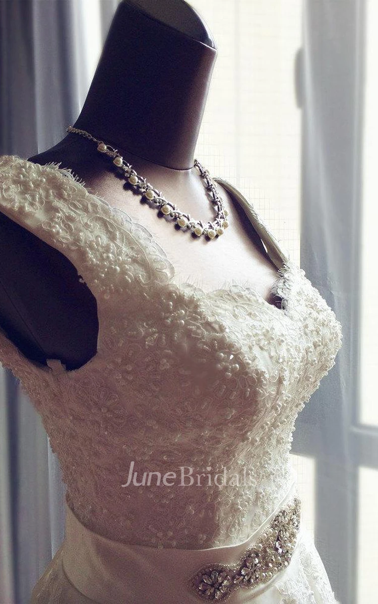 V-Neck Sleeveless Tea-Length Alce Wedding Dress With Beaded Waistband