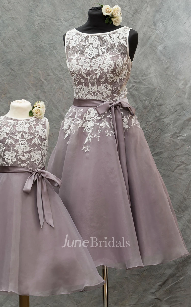 A-line Mini Sleeveless Lace Organza Dress with Bateau Neck