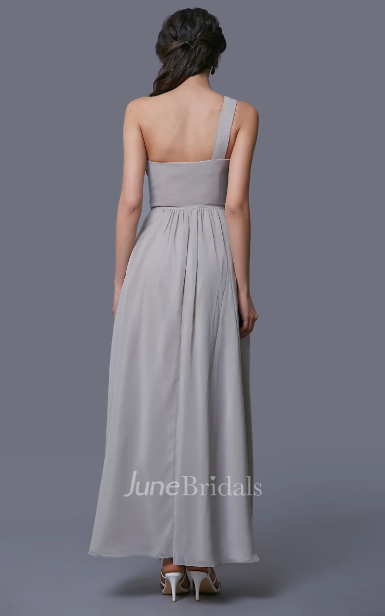One-Shoulder A-Line Chiffon Dress With Pleats and Rhinestones