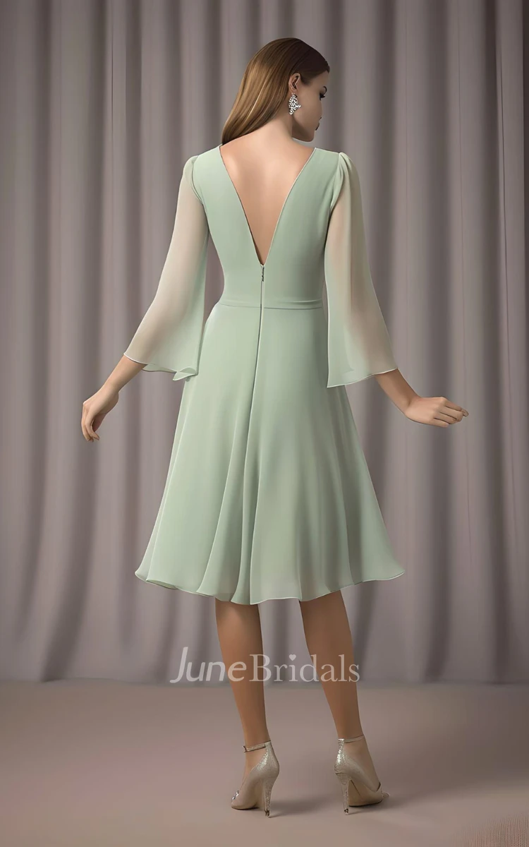 Elegant A-Line V-neck Chiffon Mother of the Bride Dress Casual Sexy  Knee-length 3/4 Length Illusion Sleeve - June Bridals