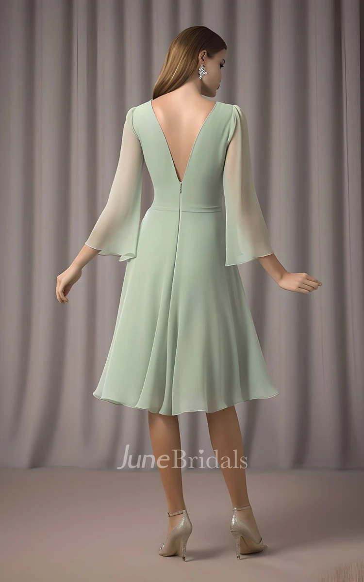 Elegant A-Line V-neck Chiffon Mother of the Bride Dress Casual Sexy Knee-length 3/4 Length Illusion Sleeve