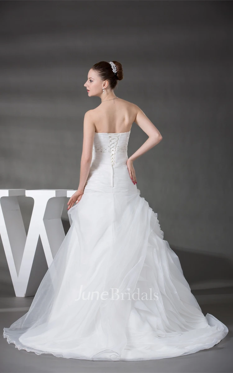 Strapless Ruched A-Line Gown with Flower and Gemmed Waist