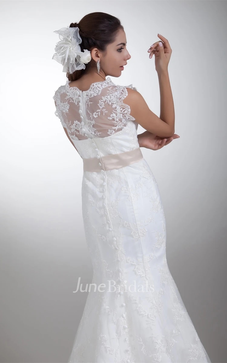 bateau-neck trumpet sleeveless dress with illusion back and bow