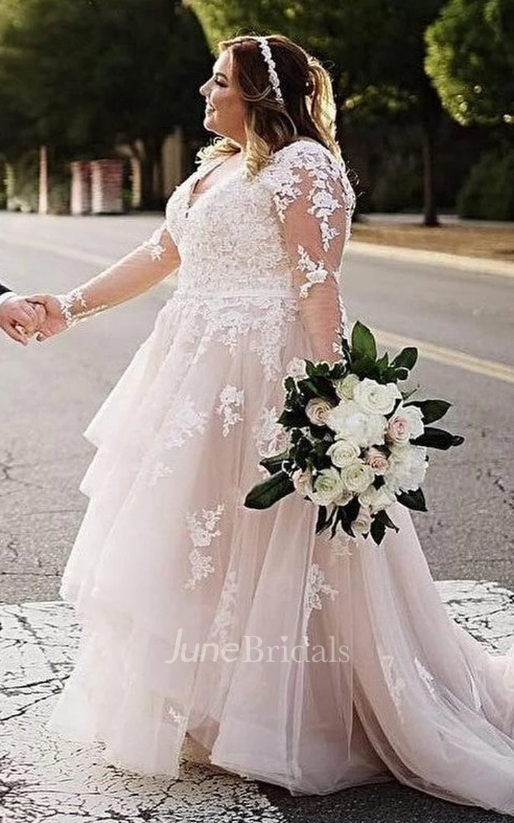 Romantic Brush Train Long Sleeve Lace A Line Wedding Dress with Tiers