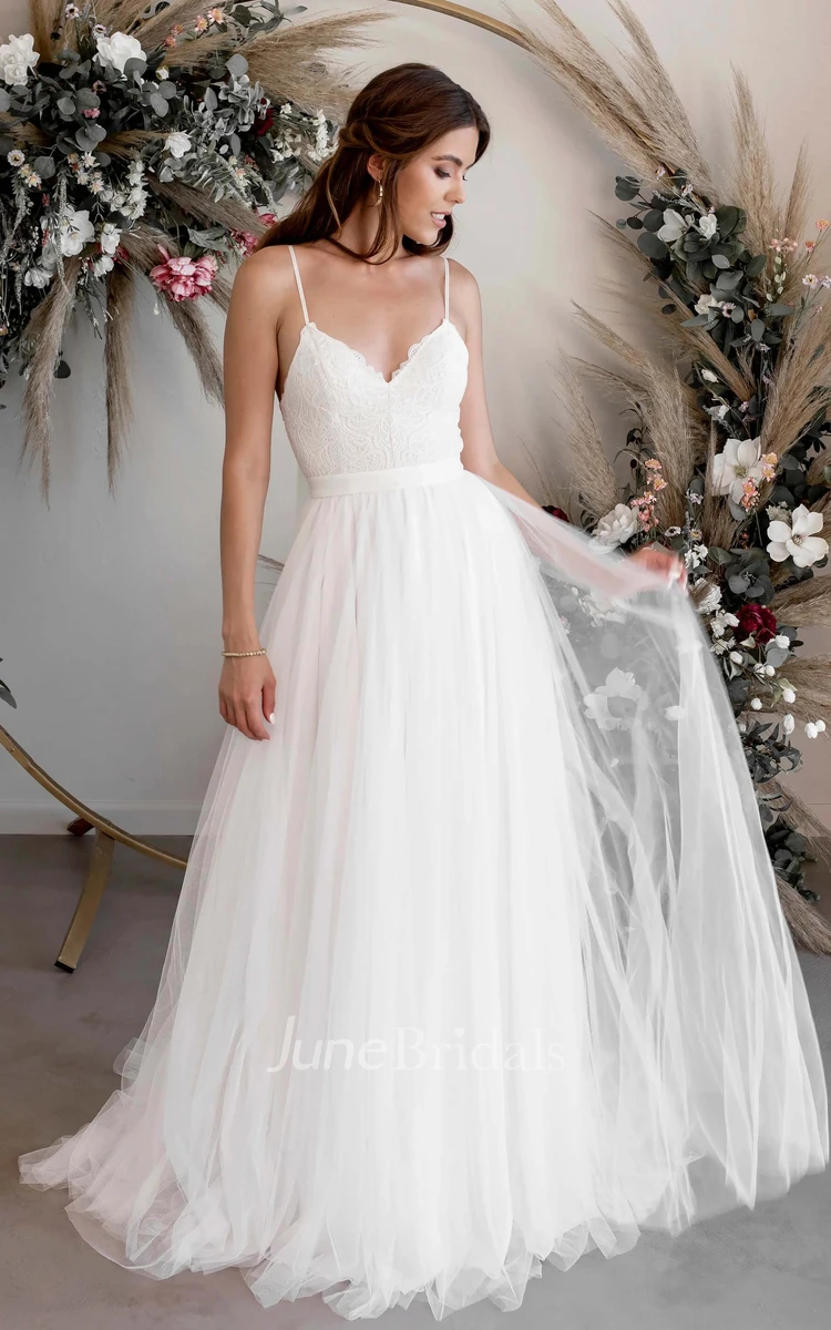 Spaghetti V-neck A-line Casual Ethereal Sexy Lace Tulle Bridal Gown With Court Train