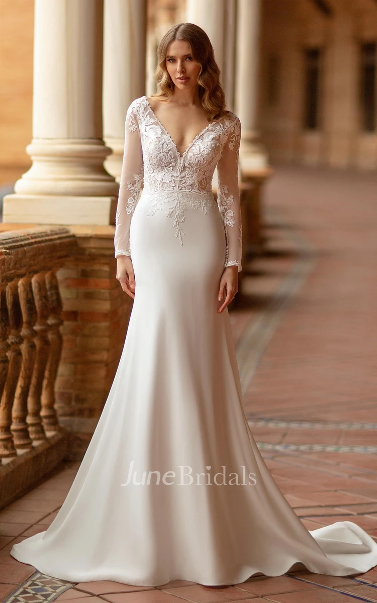 Elegant Mermaid Deep V-Neck Long Sleeve Court Trailing Lace Satin Wedding Gown with Embroidery