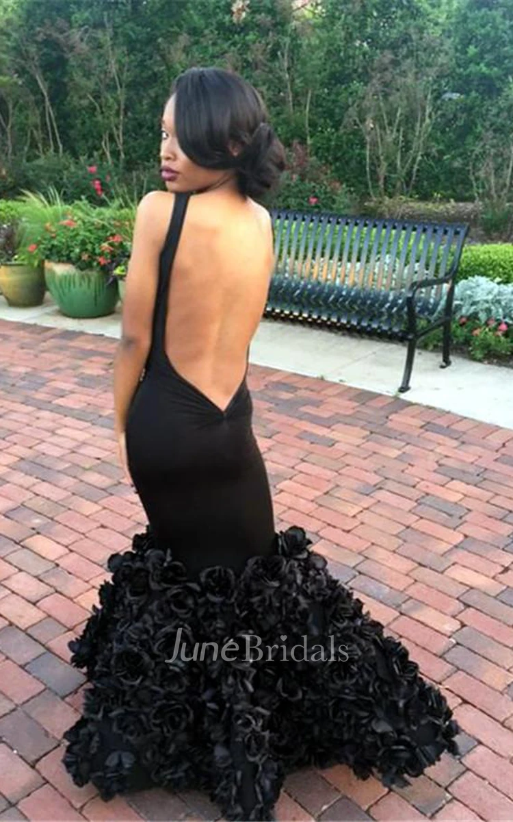 Sexy Black Sleeveless Mermaid Prom Dress Floor Length Flowers Party Gowns