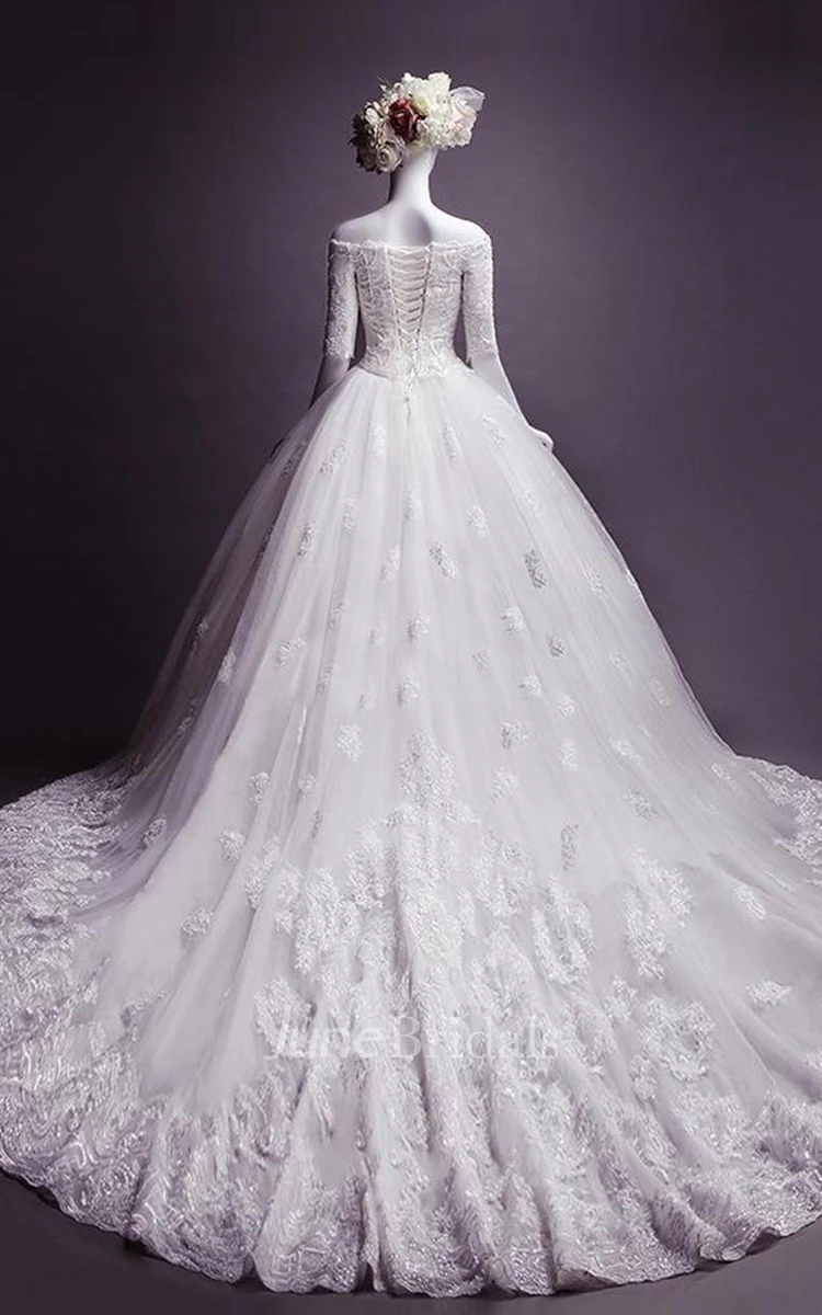 Ball Gown Tea-Length Off-The-Shoulder Half Sleeve Appliques Court Train Lace Dress