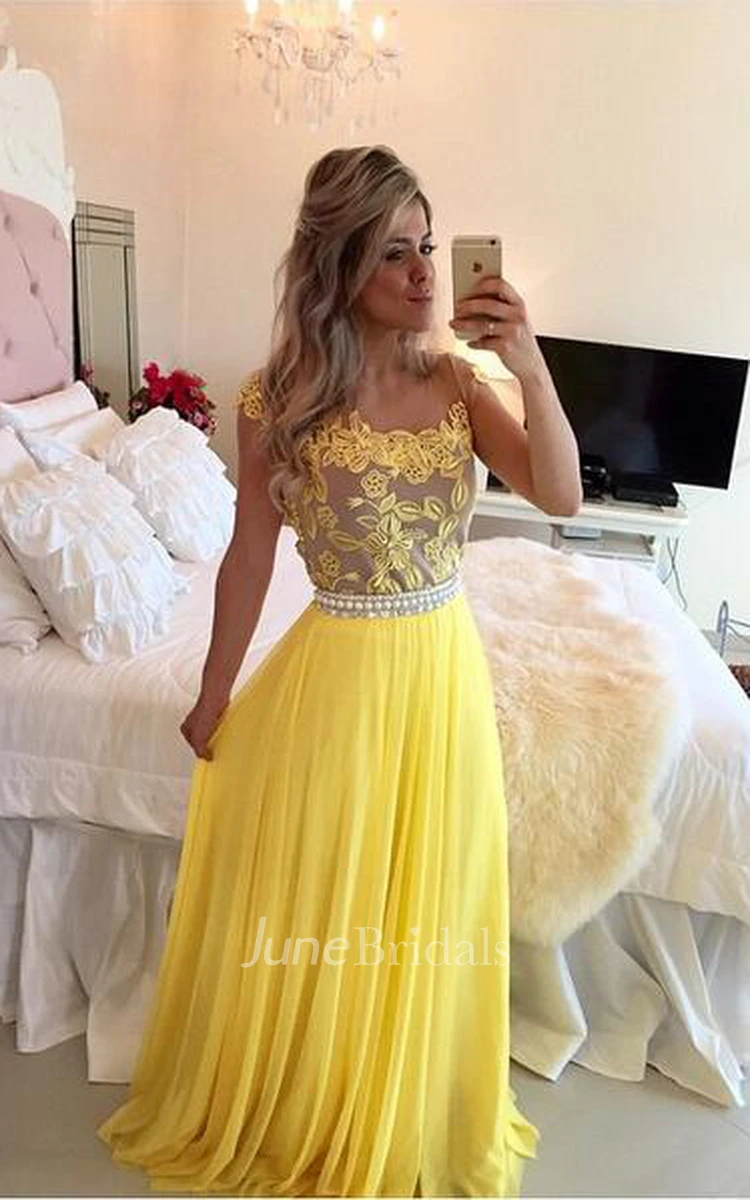 Mermaid Long Halter Chiffon with Gold Applique Lace Prom Dress