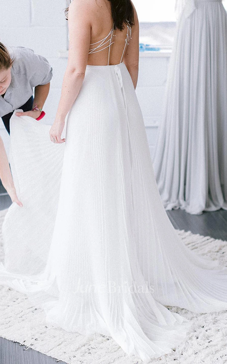 Simple A-Line Plunging Neckline Chiffon Wedding Dress With Straps And Pleats