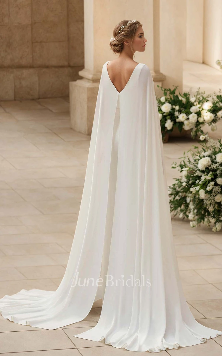 Elegant Solid Jumpsuit A-Line Plunging V-neck Chiffon Wedding Dress Simple Modern Sleeveless Floor-length Sash Low-V Back with Zipper Bridal Gown with Cape