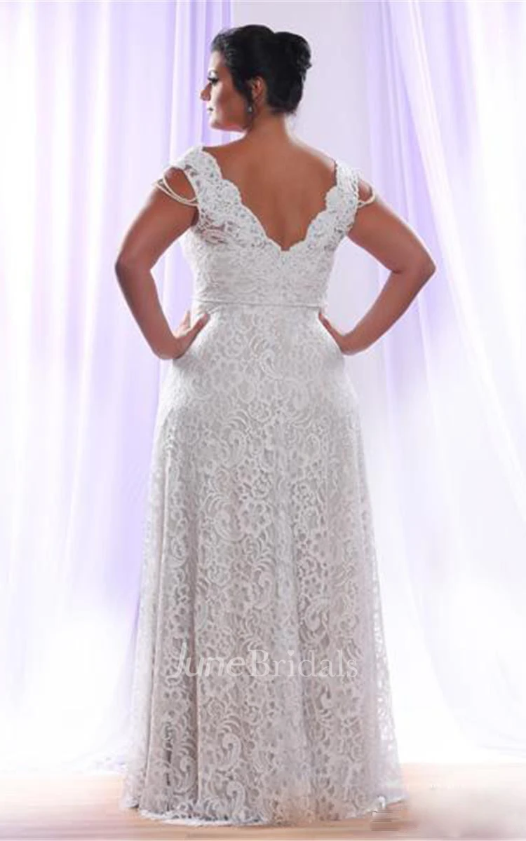 Removable Long Sleeves V Neck Floor Length A Line Lace Plus Size Wedding Dress