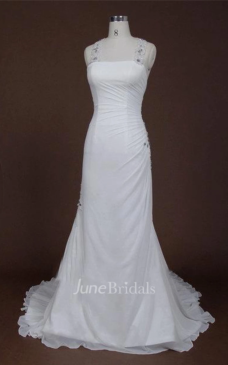 Strapped Bell Sleeve Chiffon Weddig Dress With Beading