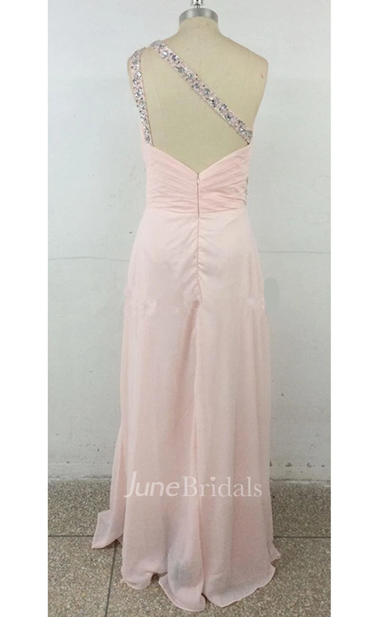 Long One-shoulder Chiffon Dress With Beading And Ruching