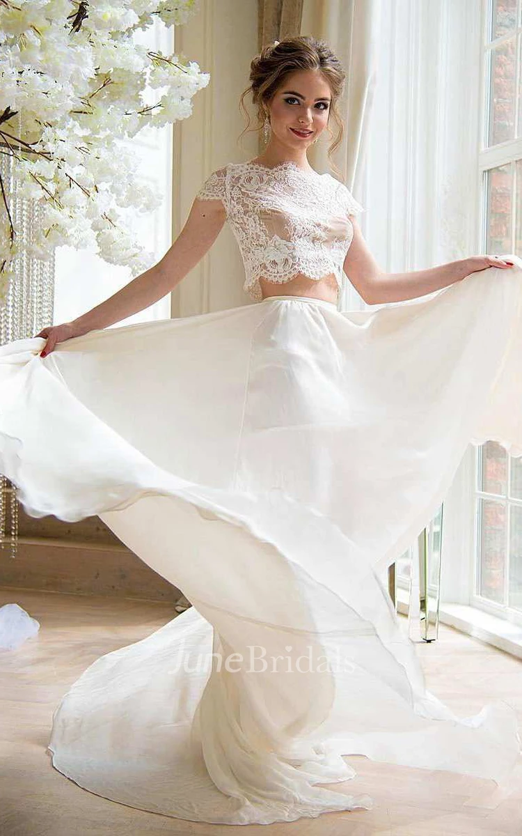 Bateau Short Sleeve Two-Piece Chiffon Wedding Dress With Lace Top and Fairy Chiffon Feathers Natural Pearl Diamond Hairpin