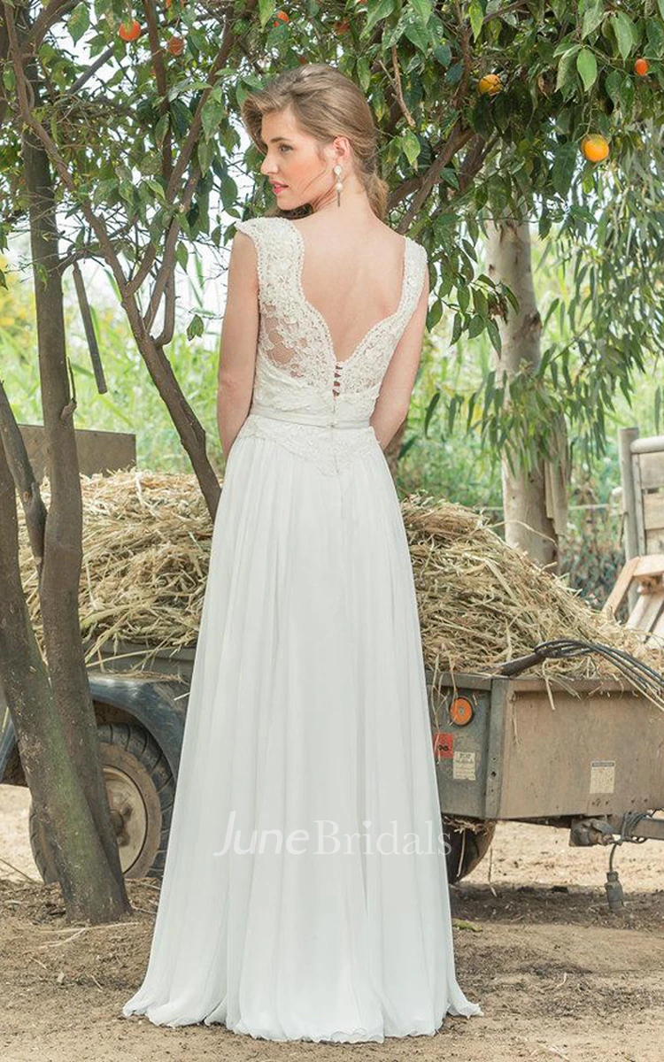 Plunged Cap-Sleeve Lace Chiffon Pleated Wedding Dress With Low-V Back