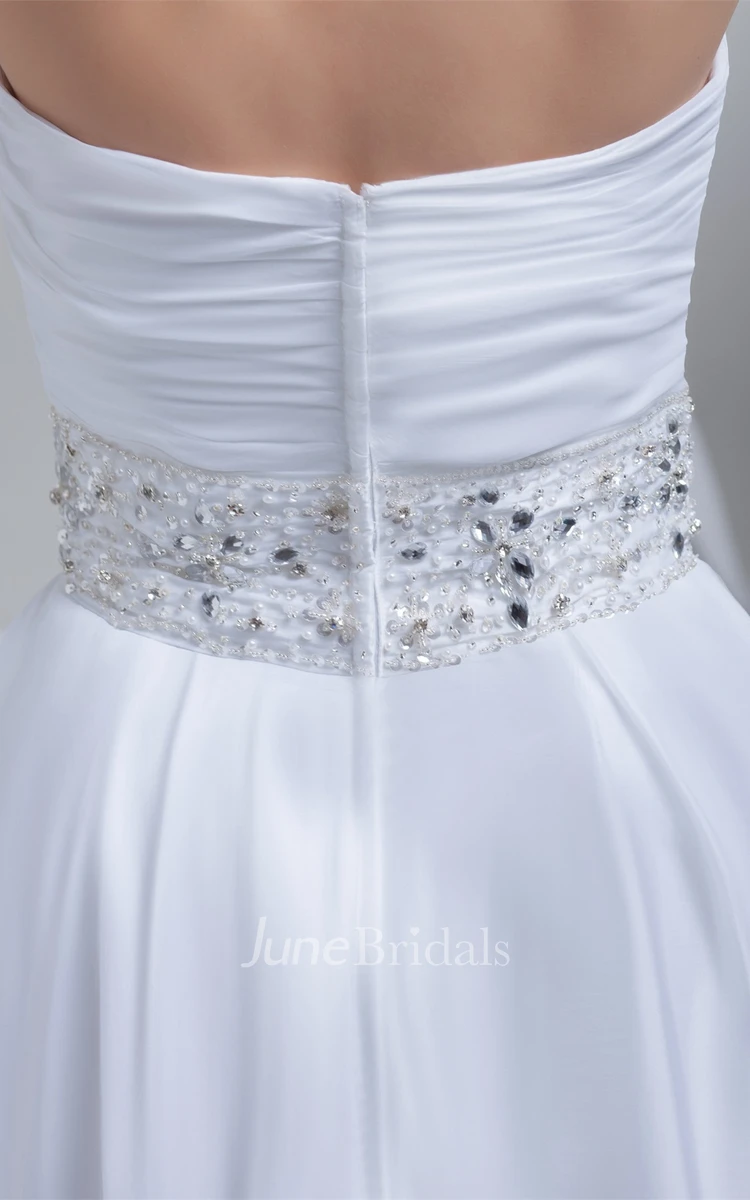 Sweetheart Tea-Length A-Line Dress with Ruching and Jeweled Waist