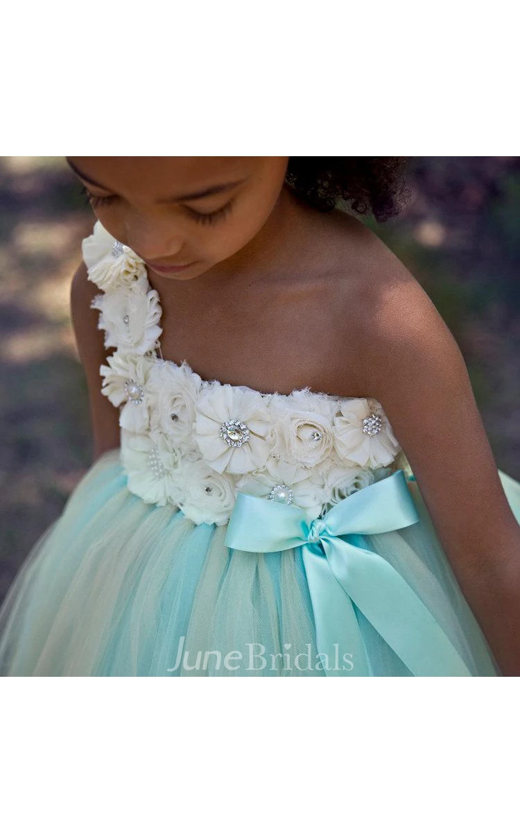 Floral One Shoulder Pleated Tulle Aqua and Champagne Flower Girl Dress