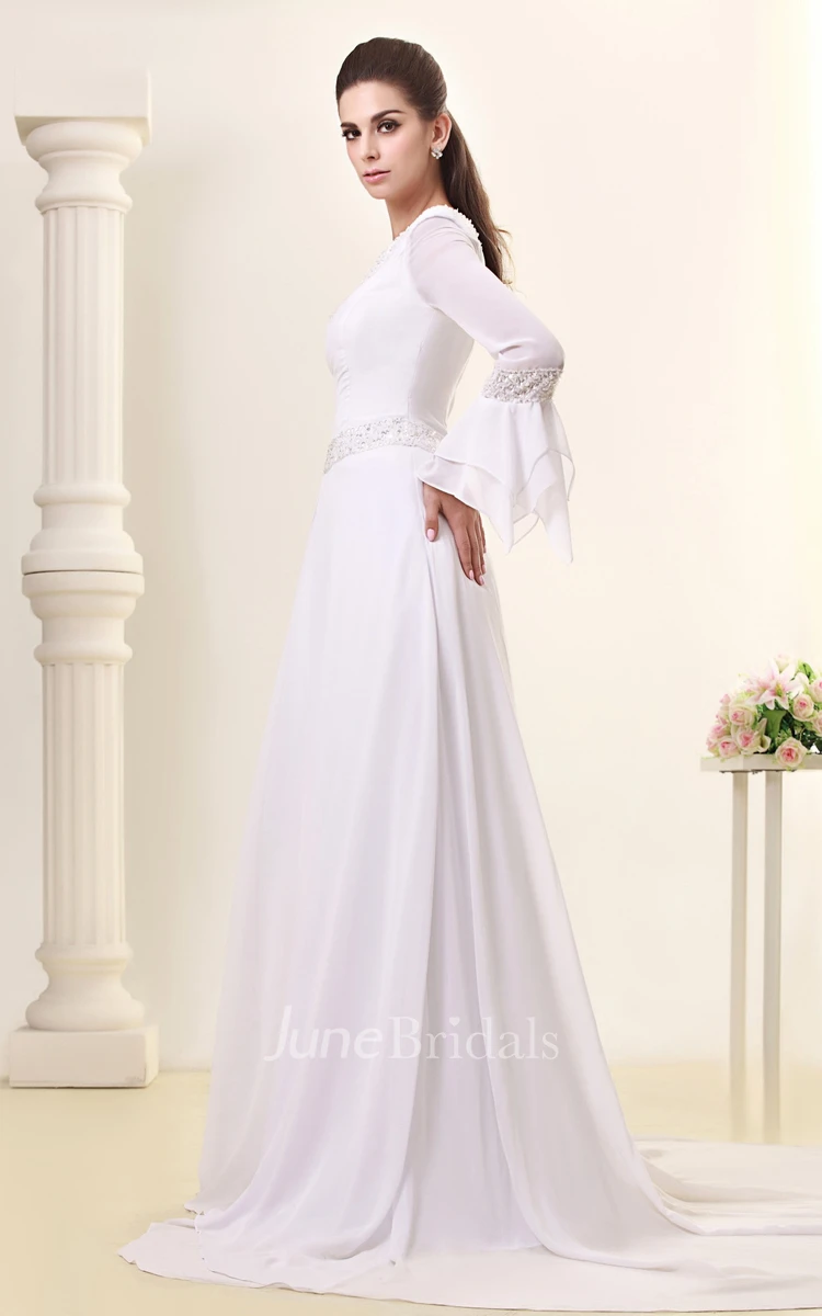 Elegant Long-Sleeve Maxi Dress With Crystal Detailing and Court Train