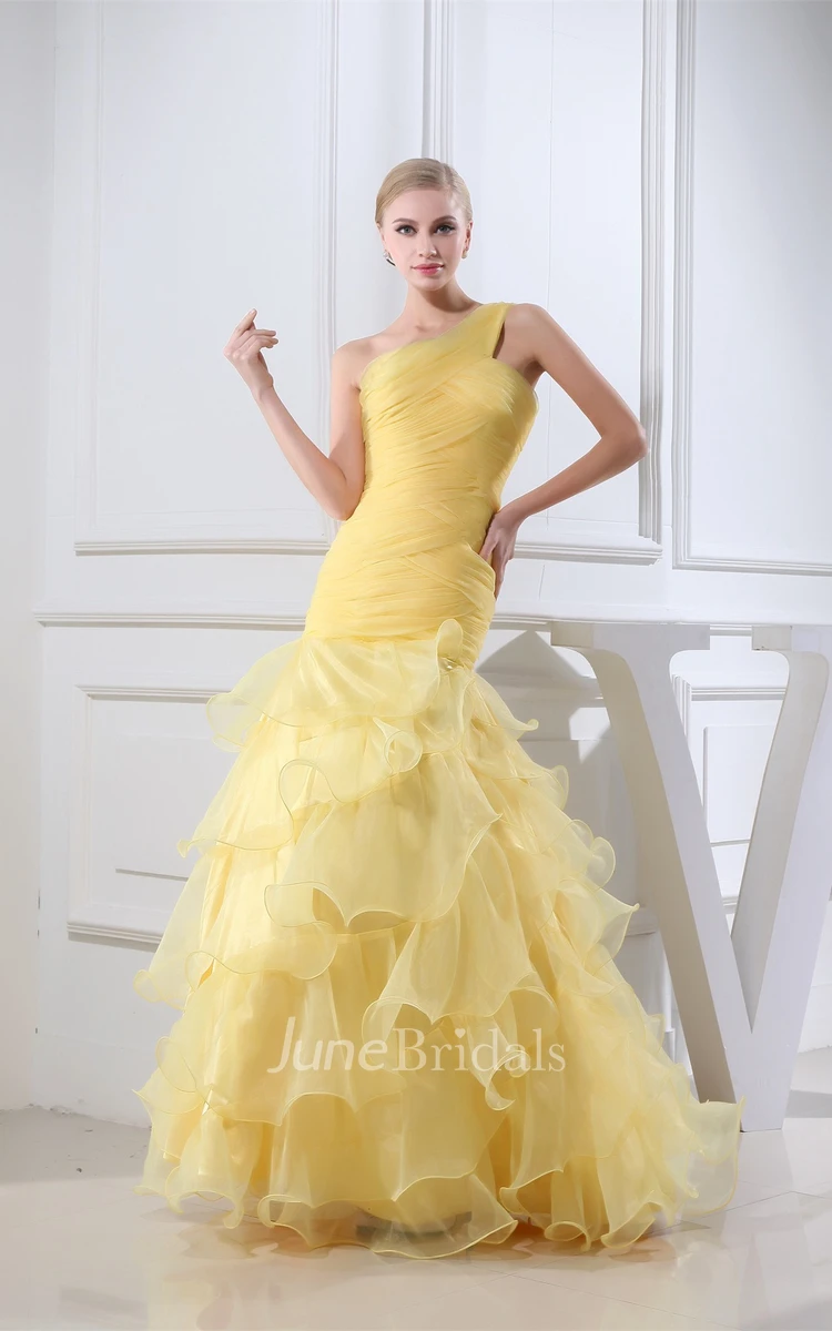 One-Shoulder Ruffled A-Line Gown with Ruching and Tiers