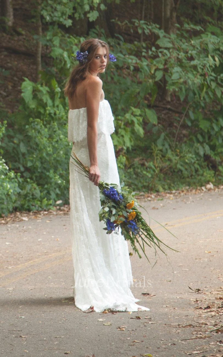 Off-Shoulder Long Sheath Lace Boho Wedding Dress With Ruffles