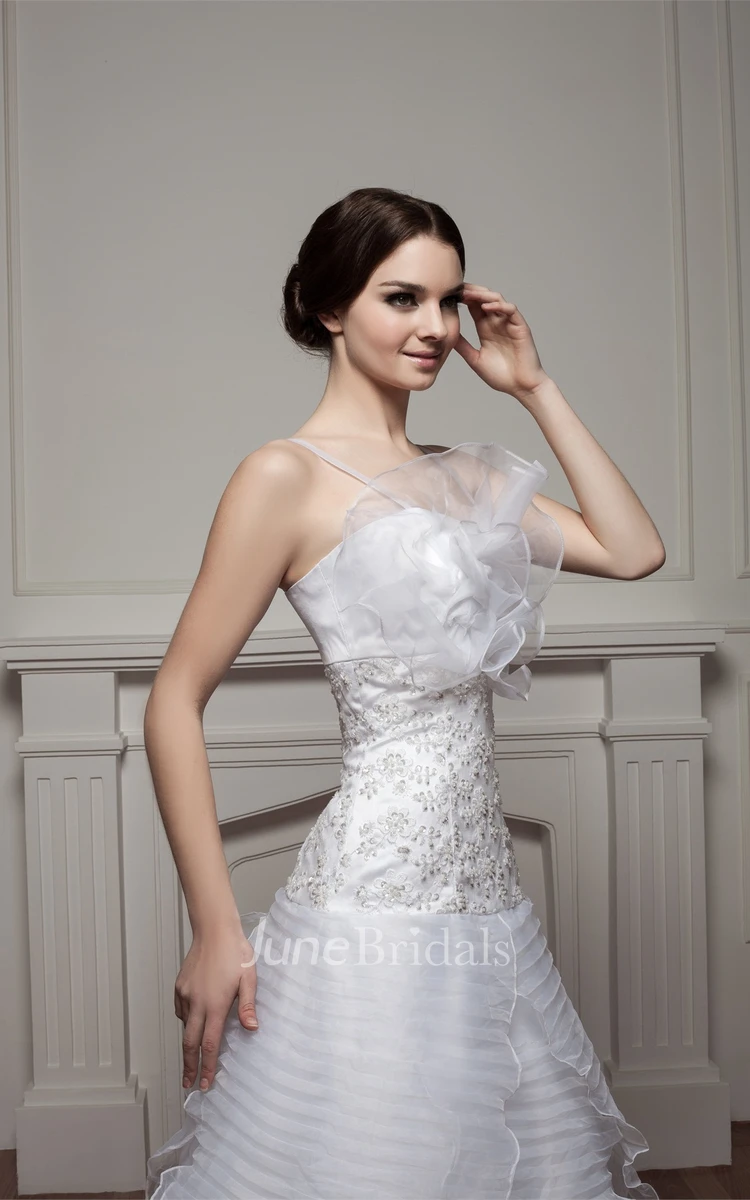 Spaghetti-Straps A-Line Ruched Dress with Appliques and Flower