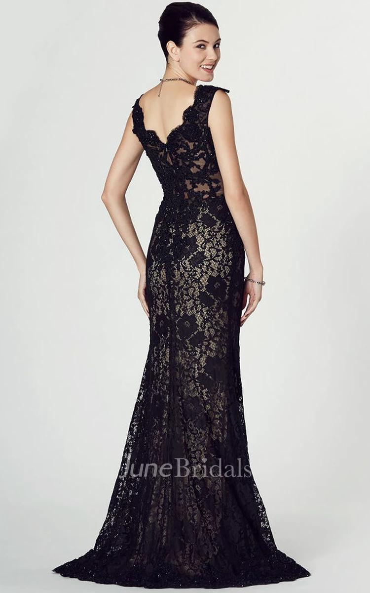 Floor-Length V-Neck Appliqued Sleeveless Lace Prom Dress With Split Front