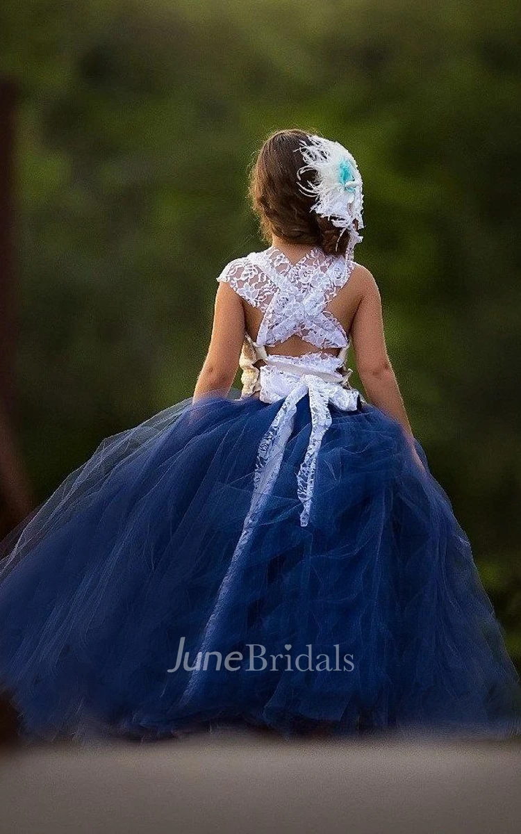 Strapped Tulle Dress With Sequins&Flower Sash Ribbon