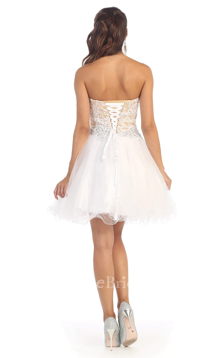 A-Line Short Sweetheart Sleeveless Tulle Lace-Up Dress With Appliques And Lace