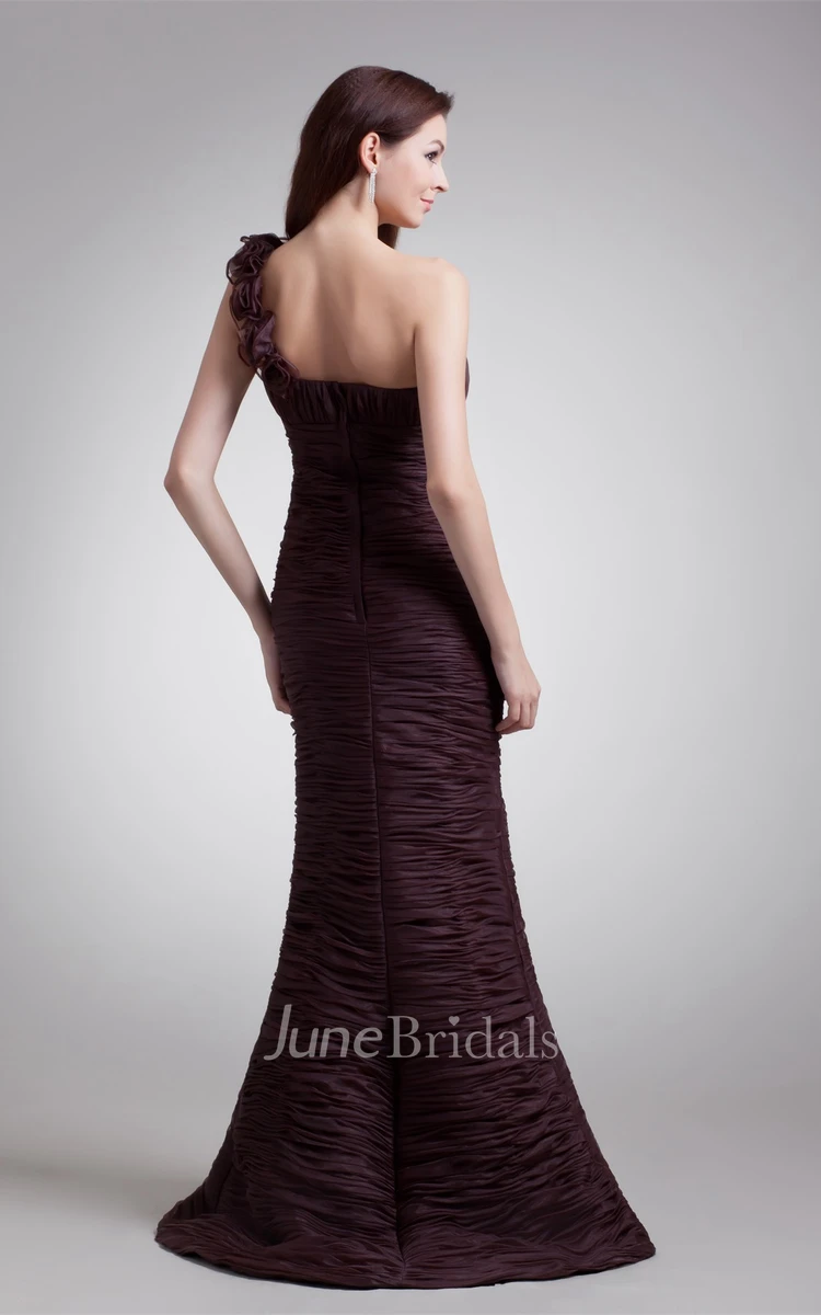 ruched floor-length column dress with brush train and floral strap