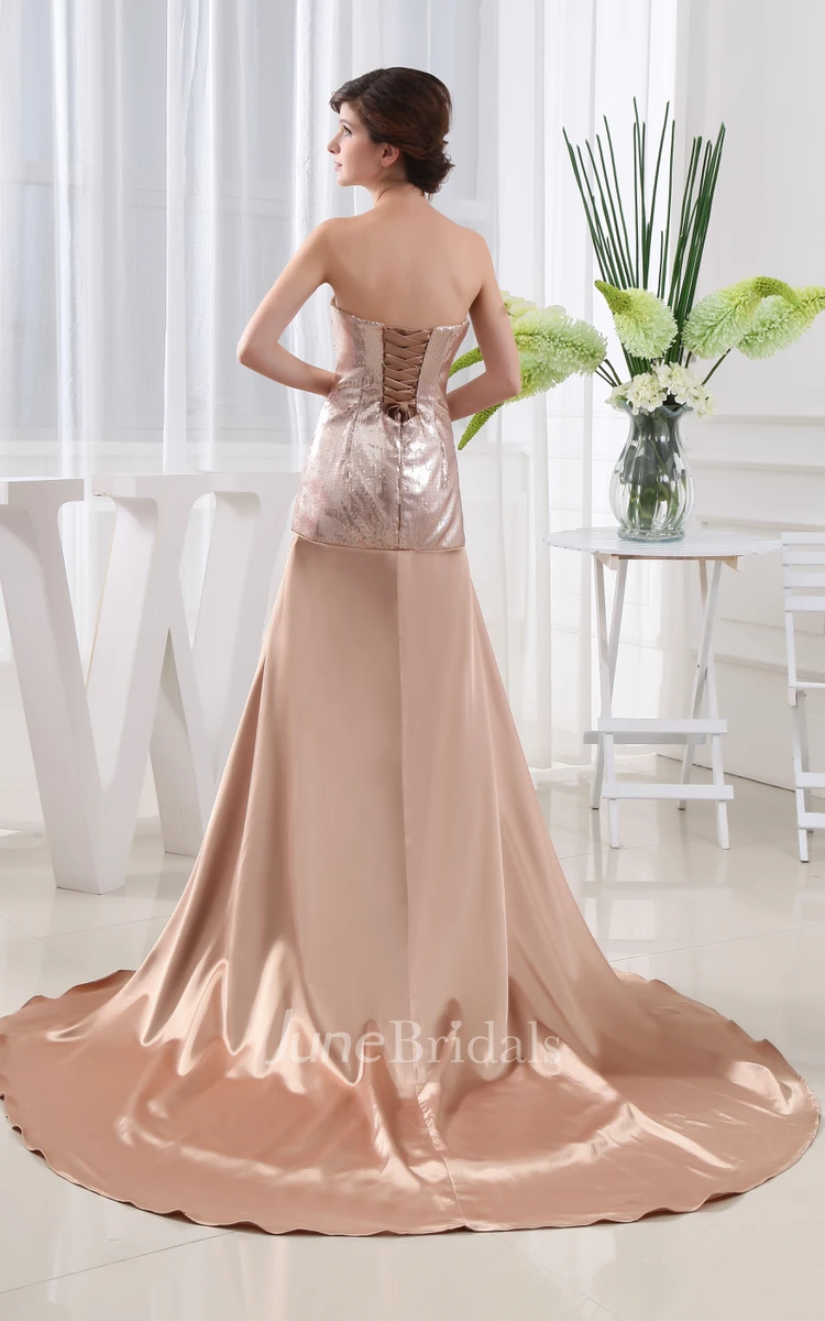 Strapless Front-Split Satin Dress With Sequined Top