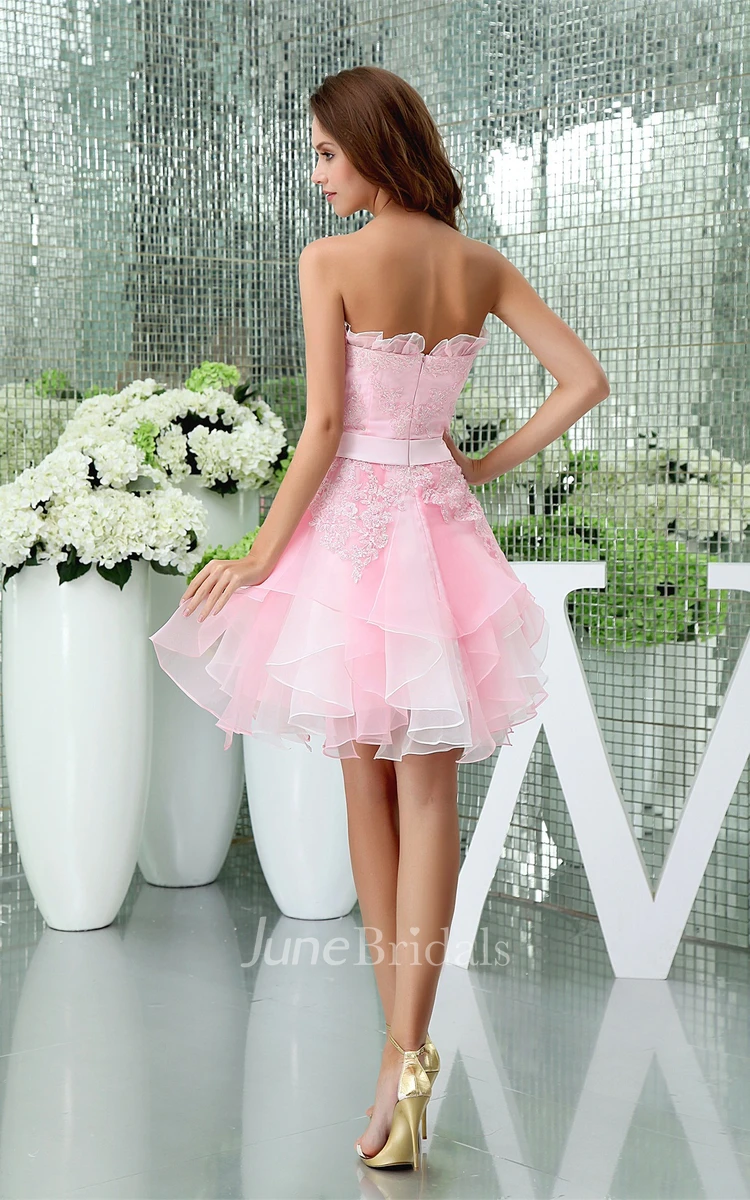 Strapless A-Line Mini Dress with Appliques and Flower