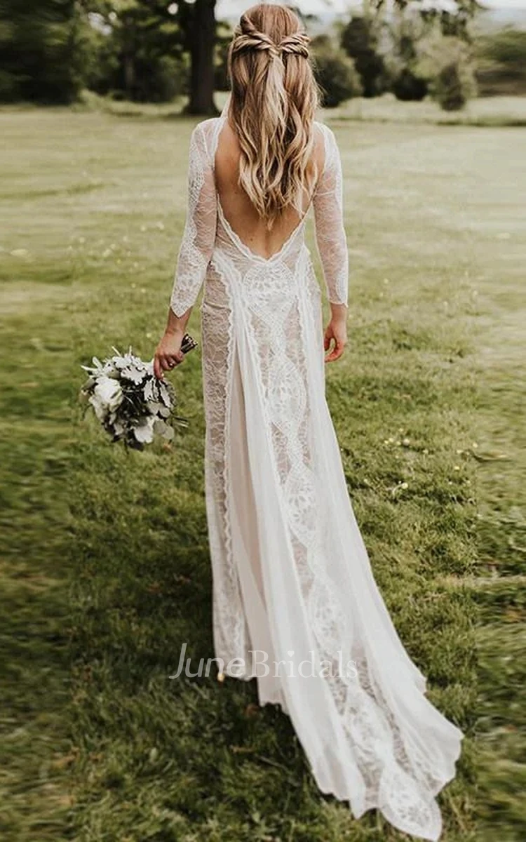 Country Cowgirl Long Sleeve Boho Rustic Wedding Dress Vintage Sheath Bateau Neck Backless Lace Gown