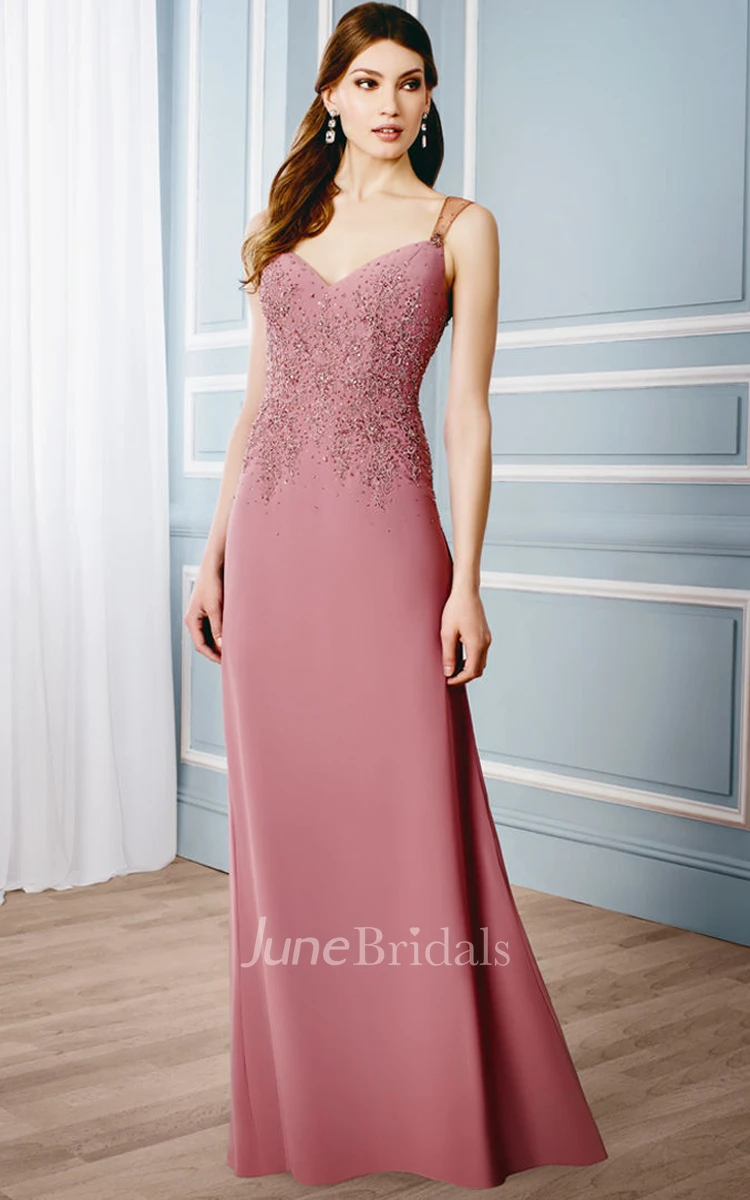 Appliqued Sleeveless V-Neck Jersey Formal Dress With Illusion Back
