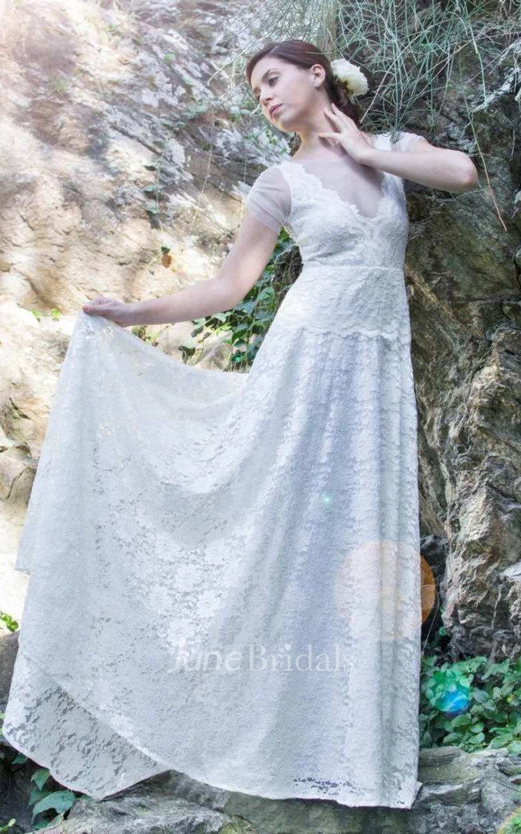 Boho Illusion V-Neck Lace Floor-Length Wedding Dress With Sweep Train