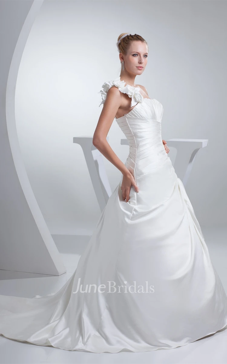 Flowered One-Shoulder Ruched Satin Dress with Side Draping and Ruffles