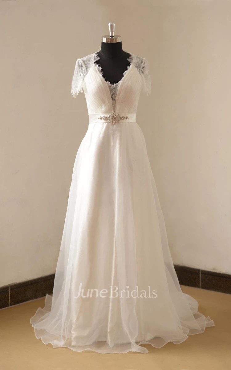 V-Neck Organza Long A-Line Wedding Dress With Beading Sash