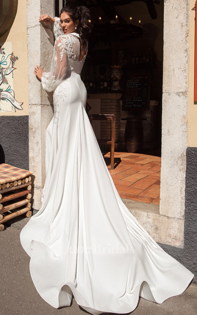 Modest Mermaid Notched Satin and Tulle Wedding Dress with Appliques